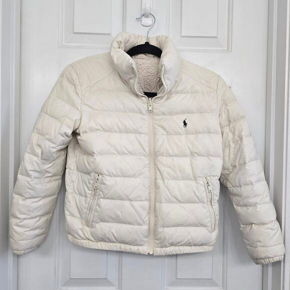 Polo Ralph Lauren Girls Puffer Quilted Reversible Jacket Sherpa White M 8/10 - Picture 1 of 10